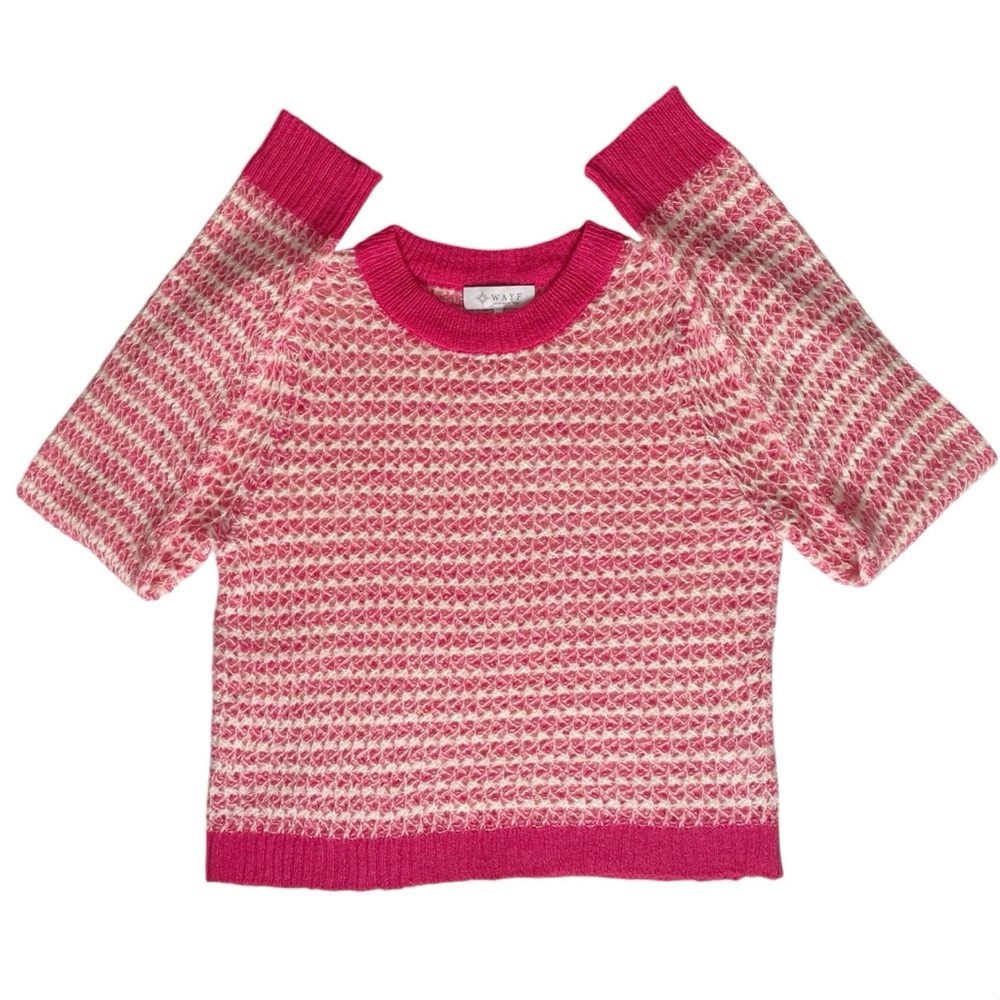 WAYF Pink & White Crew Neck Boxy Pullover Sweater Fuzzy Loose Open Knit Size M